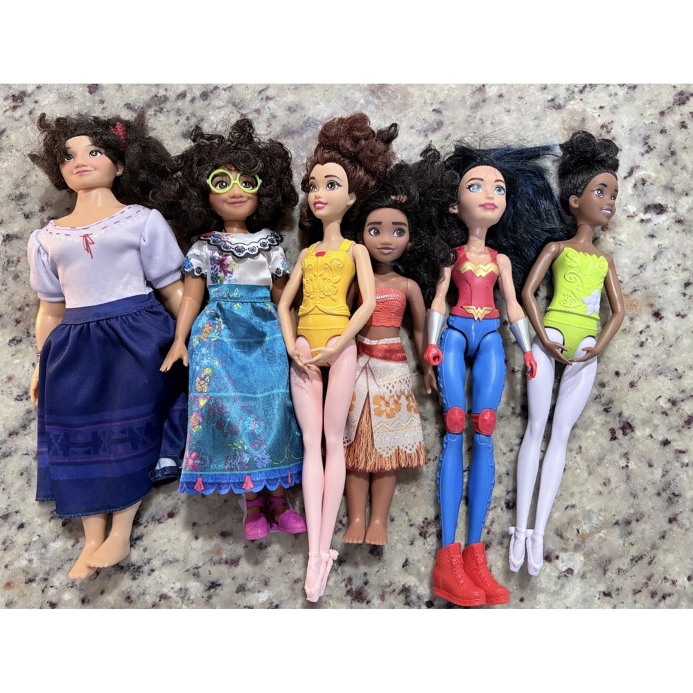 Lot of 6 Disney Princess Dolls Moana Mirabel Belle Elena Tiana Wonder Woman